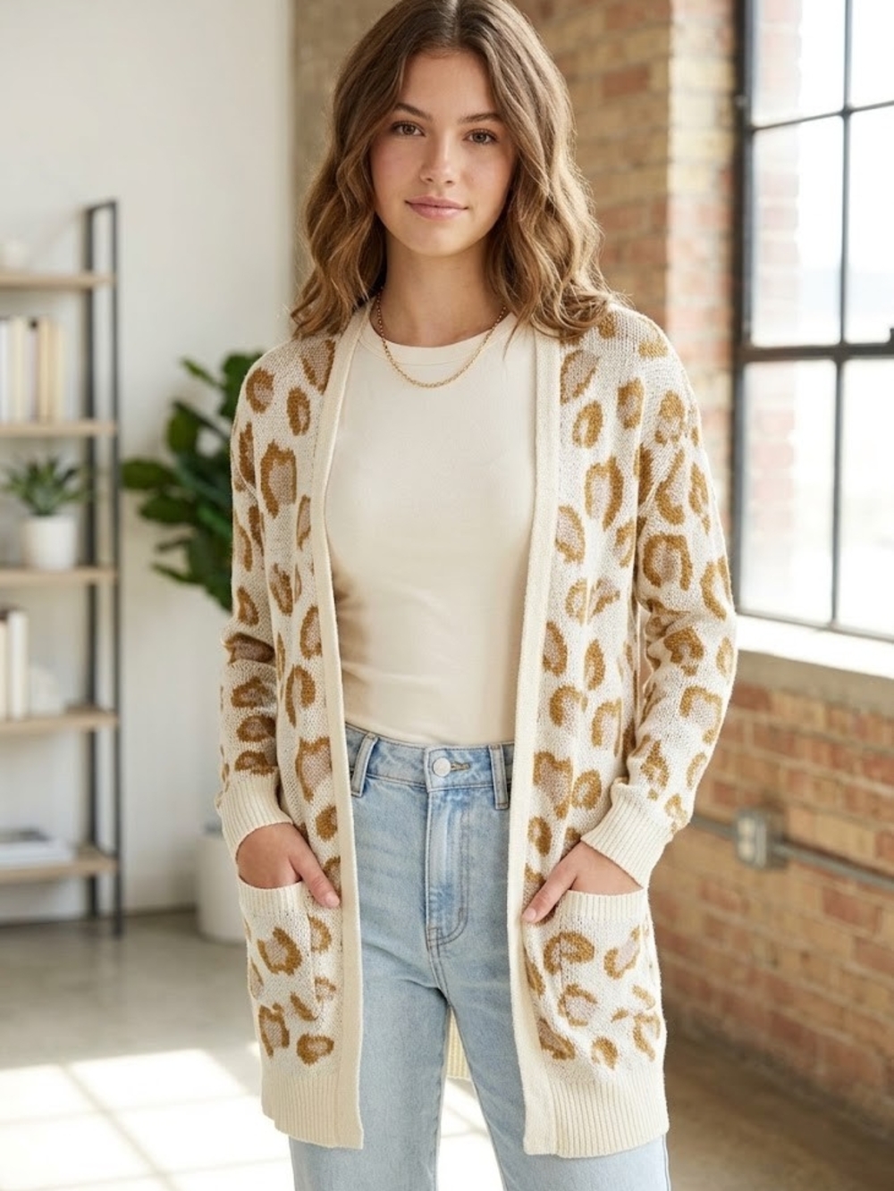 Chelsea & Violet Girls Cream and Tan Leopard-Print Open-Front Cardigan